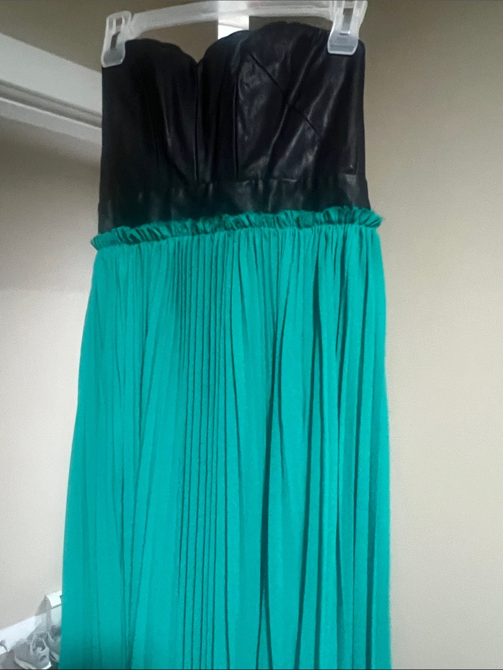 Vici Strapless Black Faux-Leather Bodice with Teal Pleated Maxi Skirt